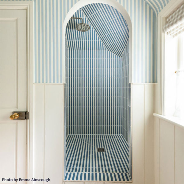 Navy Blue Stripes Encaustic Cement Tiles Emma Ainscough Shower Cubicle Bathroom Blue
