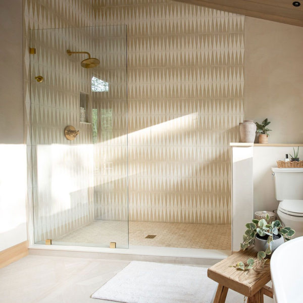 bathroom shower cubicle with encaustic cement tiles neutral pattern