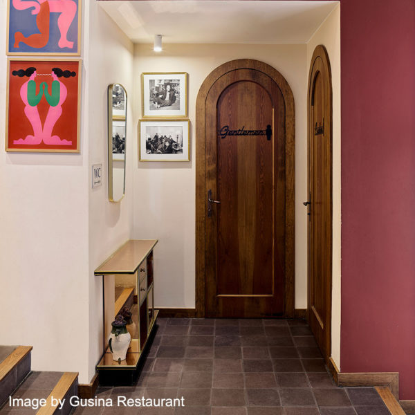 walnut encaustic cement tiles in a hallway floor