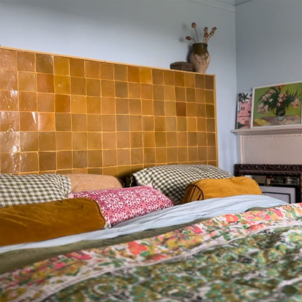 Amber Zellige Tiles Headboard in bedroom