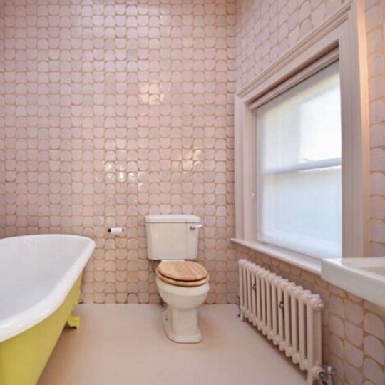 pink arch zellige in bathroom