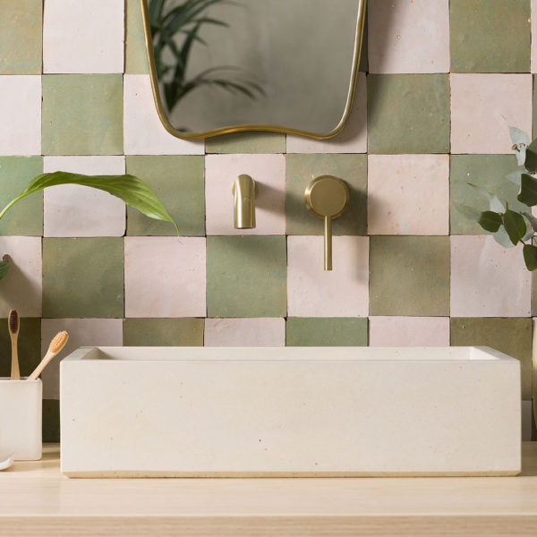 desert green and ecru zellige tiles checkerboard bathroom splashback