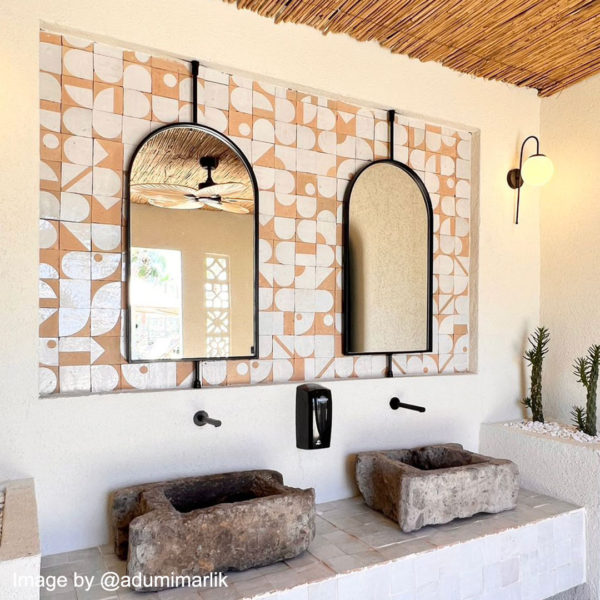 white terracotta patterned zellige tiles tropical bathroom