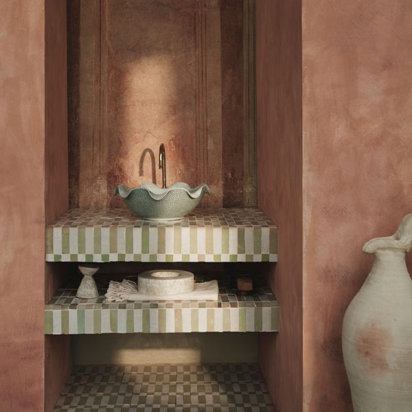 Marrakesh Stripes in Pistachio zellige tiles tiled vanity